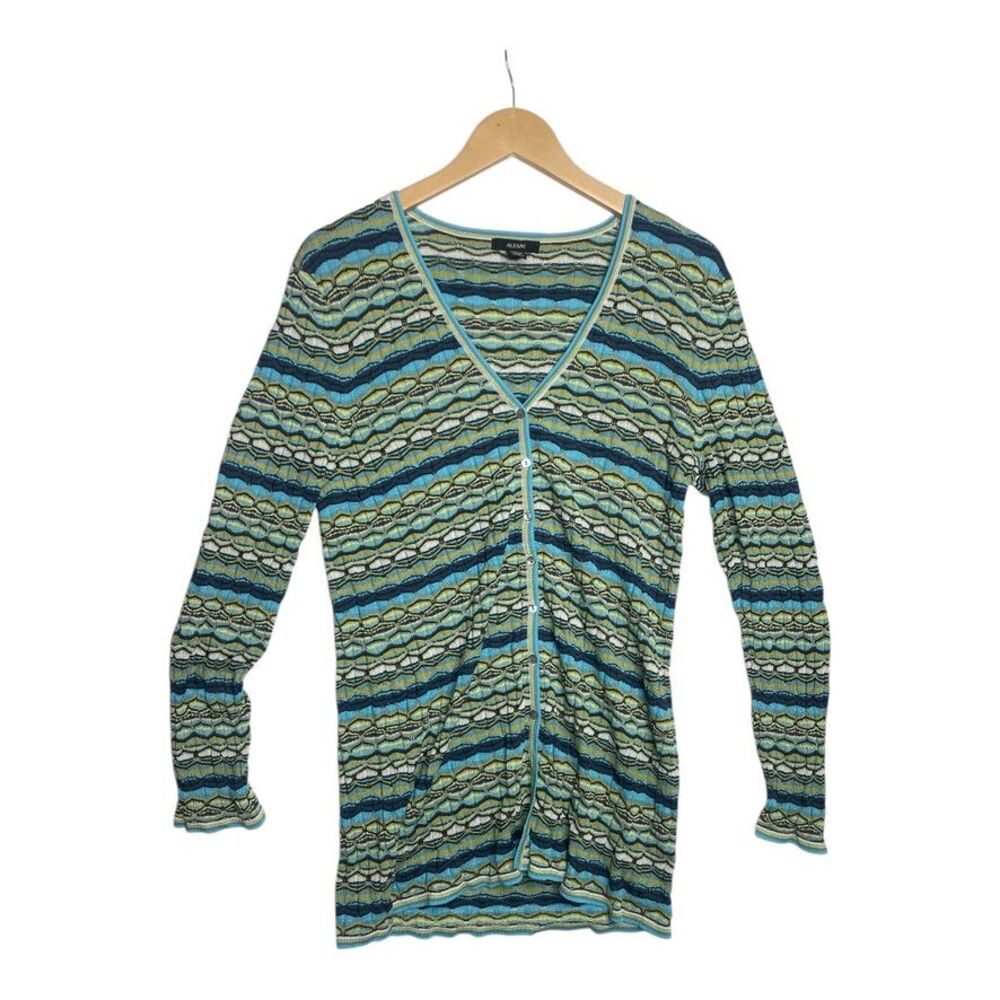 Alfani Silk Blend Geometric Crinkle Cardigan Light Weight Sweater Size XL Green